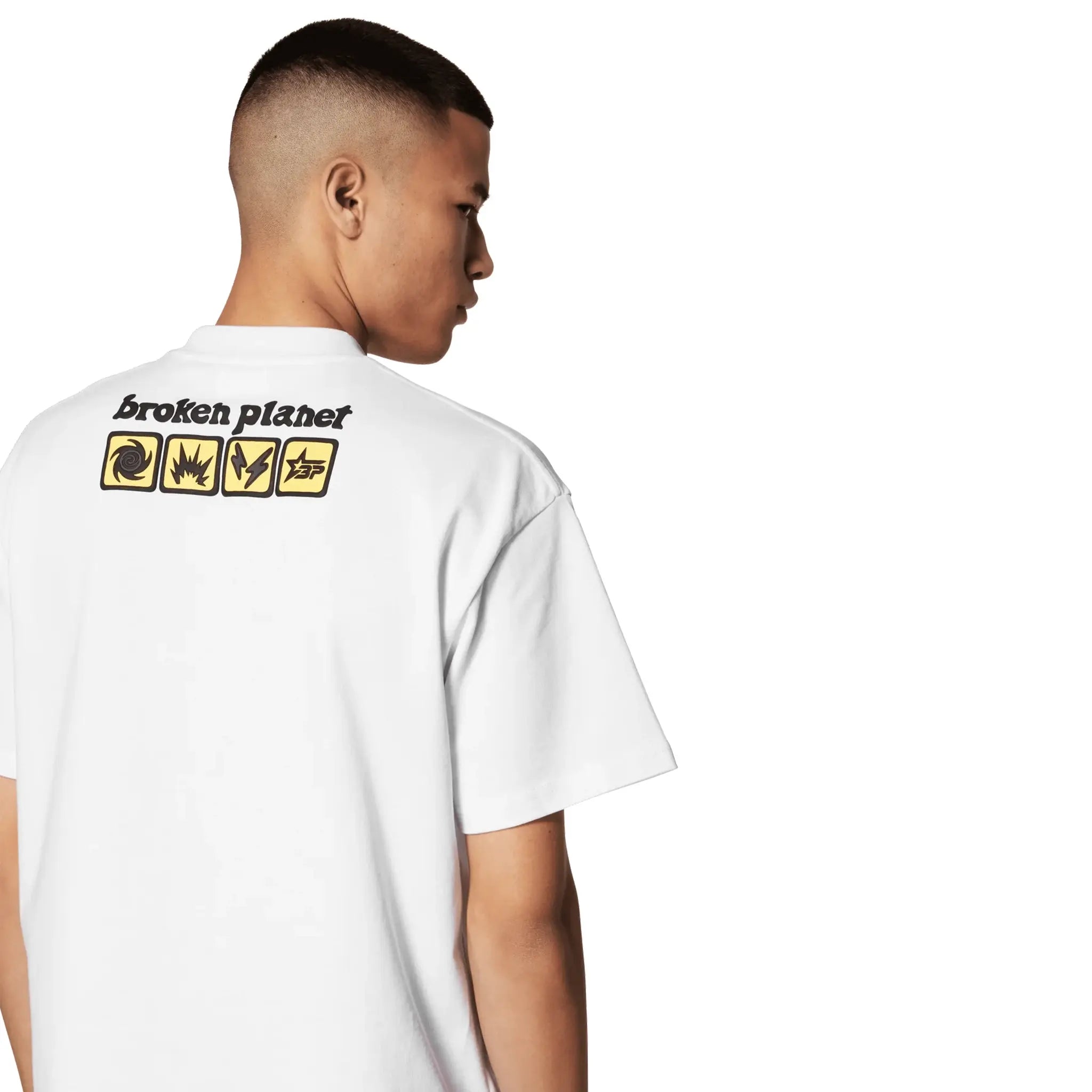 Back detail view of Broken Planet In Case Of Emergency Snow White T Shirt